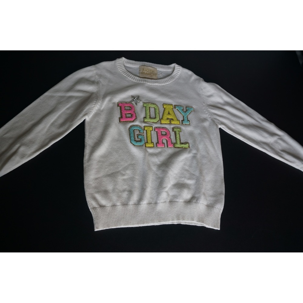 Judith‎ March Girls White B Day Girl Chenille Patch Cotton Sweater Size 6Y